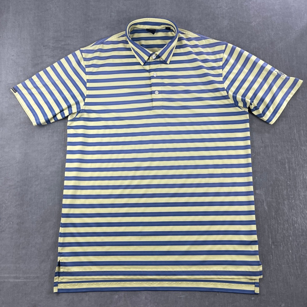 Dunning Golf Mens Large Blue Yellow Striped Short Sleeve Performance‎ Polo Shirt